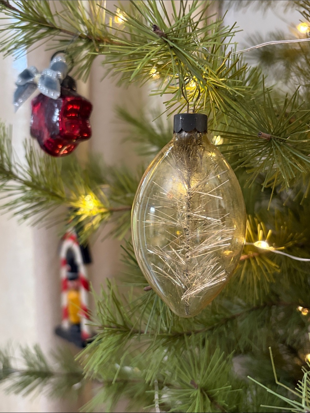 Vintage Unsilvered Glass Teardrop With Tinsel Inside Christmas Ornament